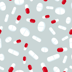Red and white pills seamless pattern. Medicine background, abstract capsules and medical tablets flatlay vector illustration
