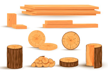 Obraz premium Timber set. Stacked timbers and firewood logs, forest trees objects and wood lumber production cartoon vector illustration