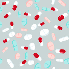 Colorful pills seamless pattern. Medicine background, abstract capsules and medical tablets flatlay vector illustration