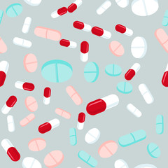 Colorful pills seamless pattern. Medicine background, abstract capsules and medical tablets flatlay vector illustration