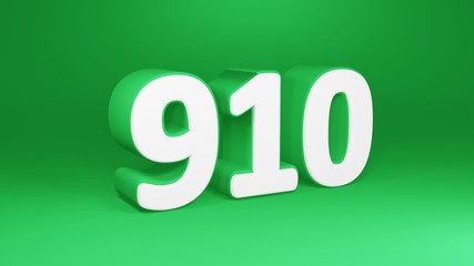 Number 910 in white on green background, isolated number 3d render
