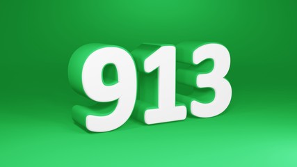 Number 913 in white on green background, isolated number 3d render