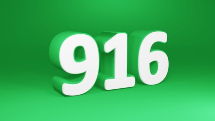 Number 916 in white on green background, isolated number 3d render