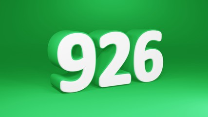 Number 926 in white on green background, isolated number 3d render