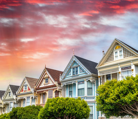 The Painted Ladies of San Francisco Alamo Square Victorian houses at sunset