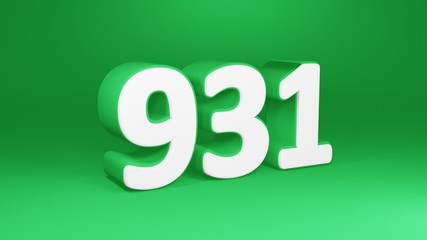 Number 931 in white on green background, isolated number 3d render