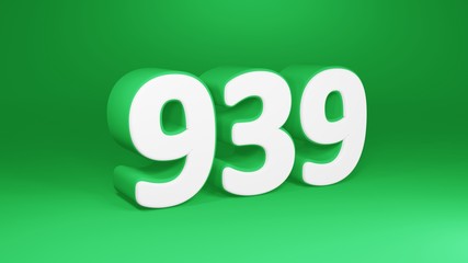 Number 939 in white on green background, isolated number 3d render