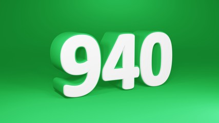Number 940 in white on green background, isolated number 3d render