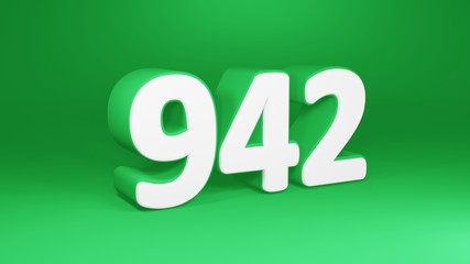 Number 942 in white on green background, isolated number 3d render