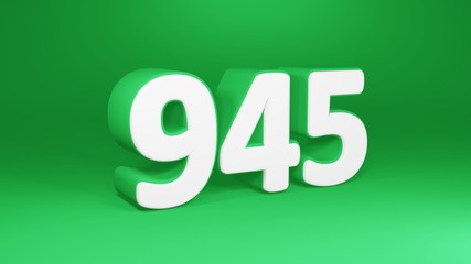 Number 945 in white on green background, isolated number 3d render