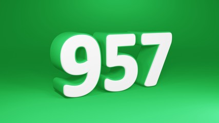 Number 957 in white on green background, isolated number 3d render