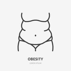 Obesity line icon, vector pictogram of woman with fat belly. Girl having body overweight illustration, unhealthy lifestyle sign for medical poster