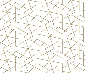 Behang Goud geometrisch abstract Naadloze patroon met abstracte geometrische lijn textuur, goud op witte achtergrond. Licht modern eenvoudig behang, heldere tegelachtergrond, zwart-wit grafisch element