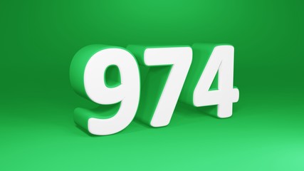 Number 974 in white on green background, isolated number 3d render