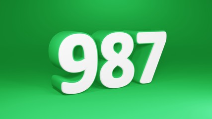 Number 987 in white on green background, isolated number 3d render