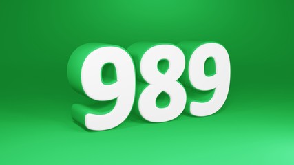 Number 989 in white on green background, isolated number 3d render