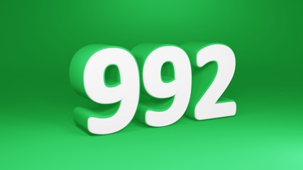 Number 992 in white on green background, isolated number 3d render