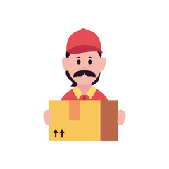 cartoon delivery man with a package icon, flat style