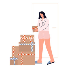 Woman standing outside her place and receiving package. Contactless delivery concept. Woman with boxes near the door. Female character in pajamas receiving order. Delivery flat vector illustration.