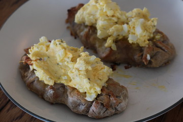 Close up view on freshly baked Karelian Pie with egg butter, a traditional topping to this dish in Finland