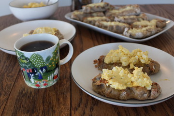 Close up view on freshly baked Karelian Pie with egg butter, a traditional topping to this dish in Finland