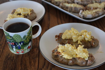 Close up view on freshly baked Karelian Pie with egg butter, a traditional topping to this dish in Finland