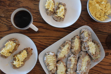 Close up view on freshly baked Karelian Pie with egg butter, a traditional topping to this dish in...