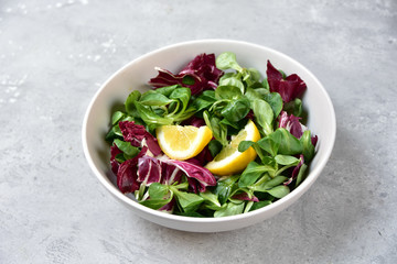 diet salad from radicchio, arugula, valerian leaves with lemon and olive oil in a white bowl on a gray background. vitamin diet salad recipe. selective focus, copy space