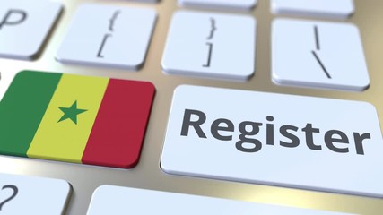 Register text and flag of Senegal on the keyboard. Online services related 3D animation - Powered by Adobe