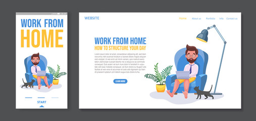 Obraz na płótnie Canvas Freelancer working from home and connecting online, landing page template and mobile app design. Man work at home in the chair in the room with cat, plant, lamp. Vector flat cartoon illustration
