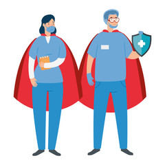 couple paramedics with face mask and hero cloak vector illustration design