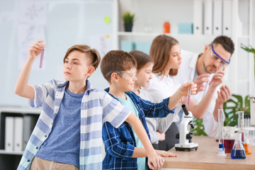 Pupils at chemistry lesson in classroom