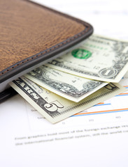 Notebook and dollars on chart