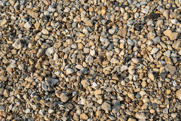 Top down shot of a colorful background texture of stones and pebbles on a beach
