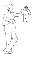 Pregnant woman chooses baby chooses. Shopping before birth. Black white vector illustration line style.