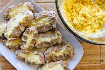 Close up view on freshly baked Karelian Pie with egg butter, a traditional topping to this dish in Finland