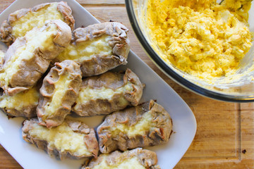 Close up view on freshly baked Karelian Pie with egg butter, a traditional topping to this dish in Finland