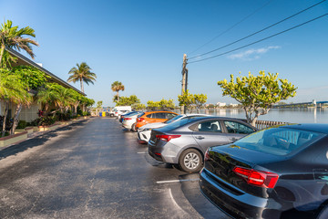 Beautiful car parking of Florida coastline on a sunny day, USA