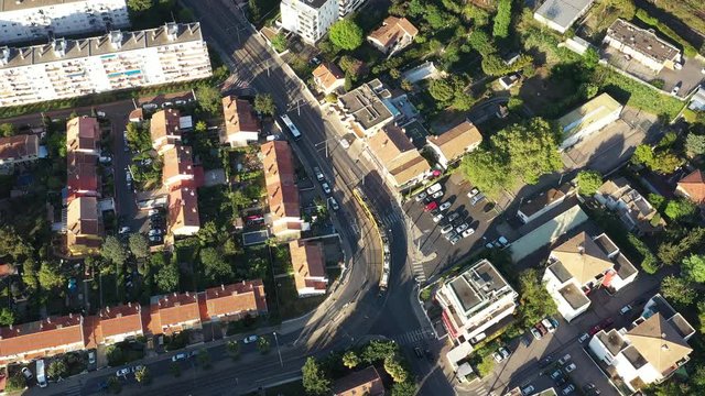 Aerial view of montpellier's tramway, mas drevon, travelling forward