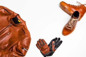 Motorcyclist Concepts. Set of Protective Motorcycling Clothing Consisting of Leather Jacket,...