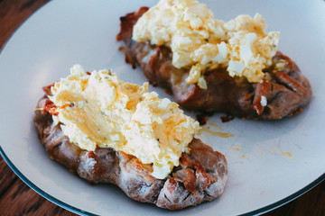 Close up view on freshly baked Karelian Pie with egg butter, a traditional topping to this dish in Finland