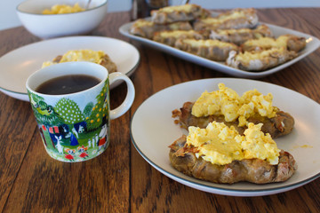 
Traditional Finnish Karelian pies and a cup of black coffee.