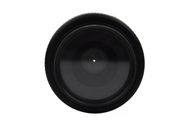 A black color camera lens of a digital camera placed over a white background