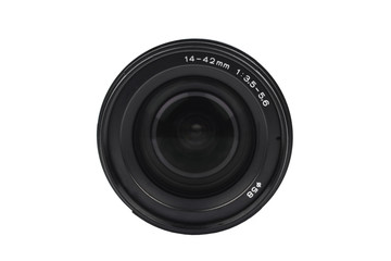 A standard camera lens of black color placed on an isolated empty white background