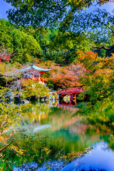 Japanese Traveling. Attractive Daigo-ji Temple During Beautiful Red Maples Autumn Season at Kyoto City in Japan. With Pond Reflections in Foregorund.