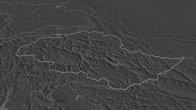 Northern Areas, centrally administered area with its capital, zoomed and extruded on the bilevel map of Pakistan in the conformal Stereographic projection. Animation 3D