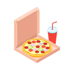 Pizza and soft drink isometric flat design style