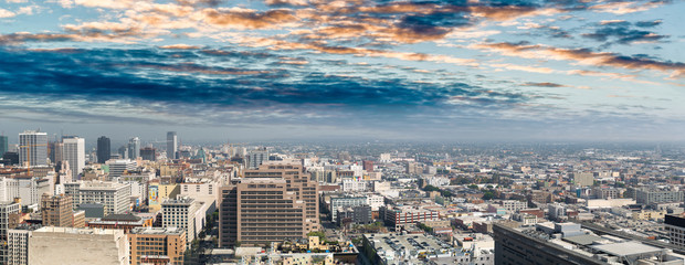 Panoramic city view of Los Angeles skyline from a viewpoint in Downtown