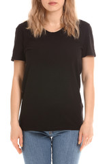 Obraz premium Woman in stylish t-shirt on white background