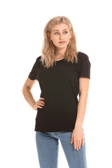 Obraz premium Woman in stylish t-shirt on white background